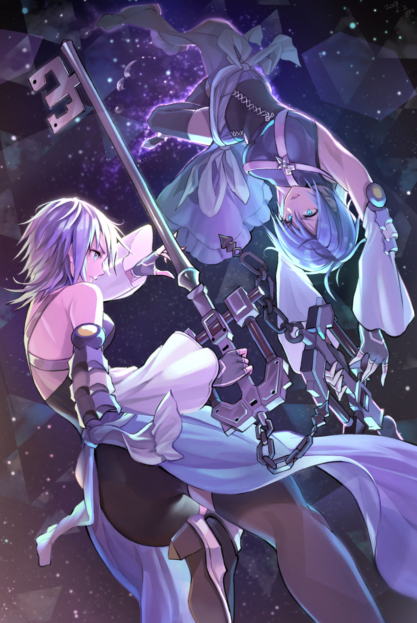 2girls aqua_(kingdom_hearts) armpits ass backless_outfit bangs bare_shoulders battle black_gloves black_jumpsuit black_legwear blue_eyes blue_hair breasts chains clone detached_sleeves eye_contact eyebrows_visible_through_hair fingerless_gloves gloves gogo_(detteiu_de) hair_between_eyes high_heels highres holding holding_weapon jumpsuit keyblade kingdom_hearts kingdom_hearts_0.2_birth_by_sleep_-a_fragmentary_passage- leg_up light_particles long_sleeves looking_at_another medium_breasts medium_hair midair multiple_girls short_jumpsuit thigh-highs upside-down v-shaped_eyebrows weapon wide_sleeves zettai_ryouiki