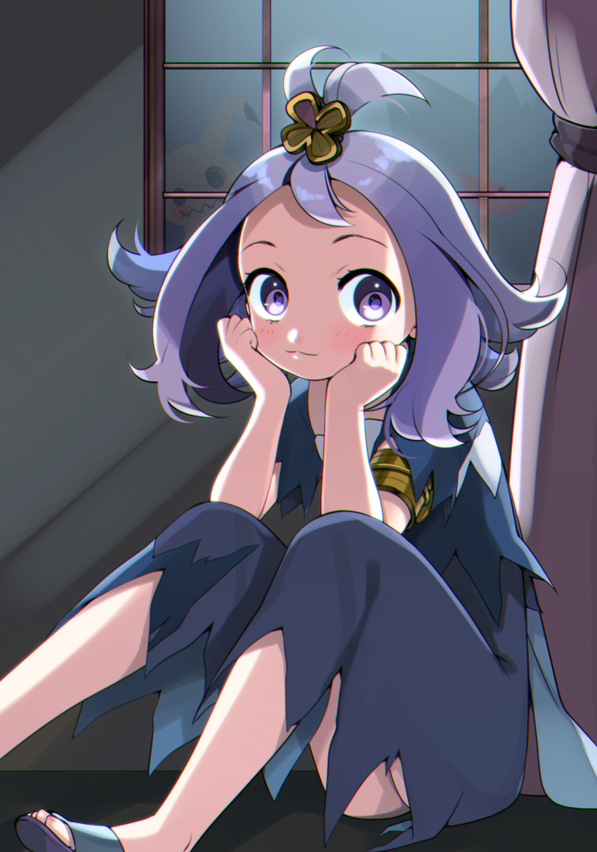 1girl absurdres acerola_(pokemon) blush closed_mouth curtains dress gen_7_pokemon highres indoors legs looking_at_viewer medium_hair mimikyu pokemon pokemon_(game) pokemon_sm purple purple_dress purple_hair sandals sitting sitting_on_floor solo tied_hair trial_captain violet_eyes window yuihiko