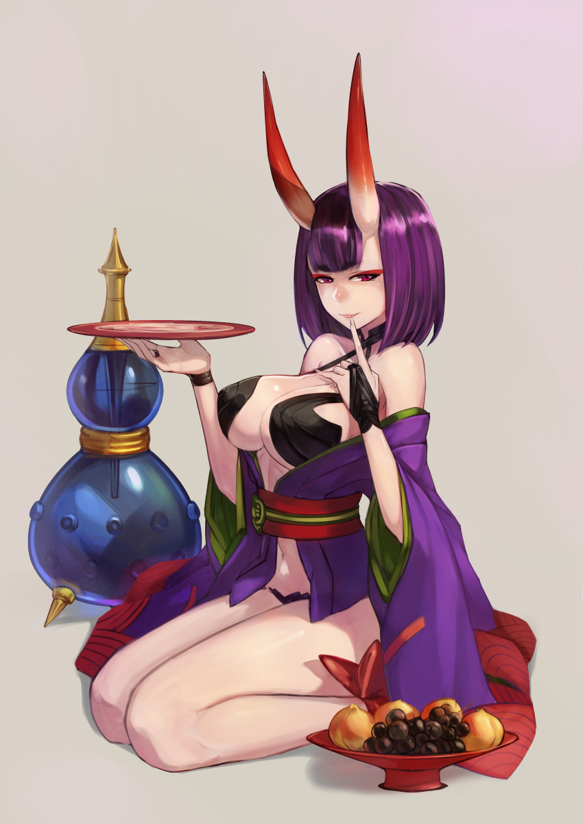 1girl absurdres alcohol alternate_breast_size ankle_ribbon bangs bare_shoulders breasts cup fate/grand_order fate_(series) finger_to_mouth food fruit gourd grapes highres holding horns huitu_xigai japanese_clothes kimono large_breasts looking_at_viewer oni oni_horns open_clothes open_kimono purple_hair purple_kimono revealing_clothes ribbon sakazuki sake seiza short_hair shuten_douji_(fate/grand_order) sitting solo violet_eyes