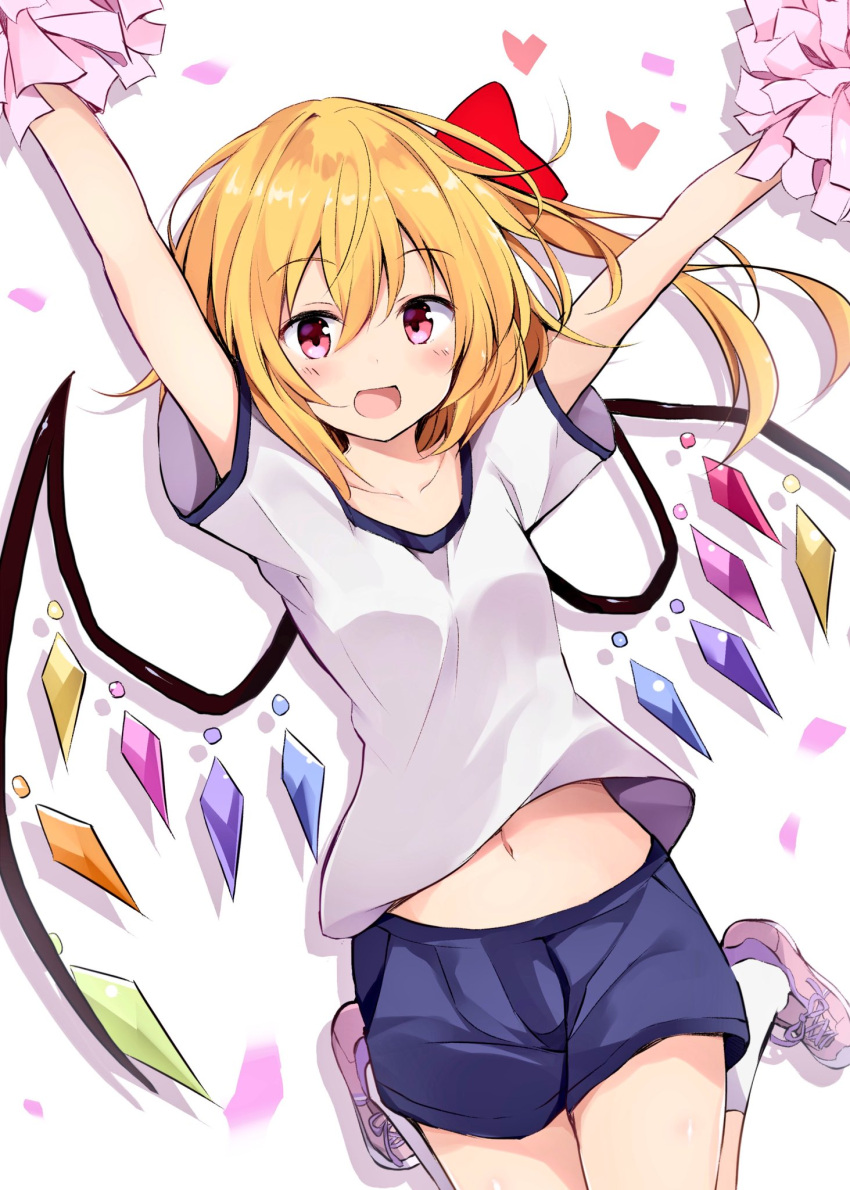 1girl :d alternate_costume arms_up blue_shorts blush bow breasts collarbone commentary_request confetti contemporary crystal eyebrows_visible_through_hair flandre_scarlet gym_shirt gym_shorts gym_uniform hair_between_eyes hair_bow heart highres holding holding_pom_poms hyurasan jumping looking_at_viewer midriff navel no_hat no_headwear one_side_up open_mouth pink_footwear pom_poms red_bow shirt shoes short_sleeves shorts simple_background small_breasts smile sneakers socks solo stomach touhou white_background white_legwear white_shirt wings
