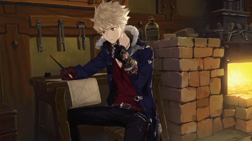 1boy atelier_(series) atelier_sophie belt blue_jacket fur_trim game_cg gloves hammer jacket jewelry logix_ficsario male_focus necklace noco_(adamas) official_art one_eye_closed red_gloves red_shirt shirt short_hair silver_hair sitting solo writing yellow_eyes