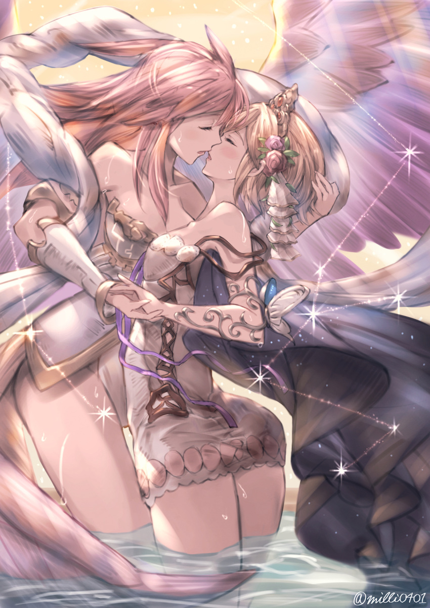 2girls angel_wings bare_shoulders blonde_hair blush breasts cleavage closed_eyes commentary_request djeeta_(granblue_fantasy) flower gabriel_(granblue_fantasy) granblue_fantasy hair_flower hair_ornament hand_holding hand_on_another's_head highres imminent_kiss large_breasts light long_hair milli_little multiple_girls no_panties open_mouth pink_hair short_hair small_breasts sparkle twitter_username wading wet wings yuri