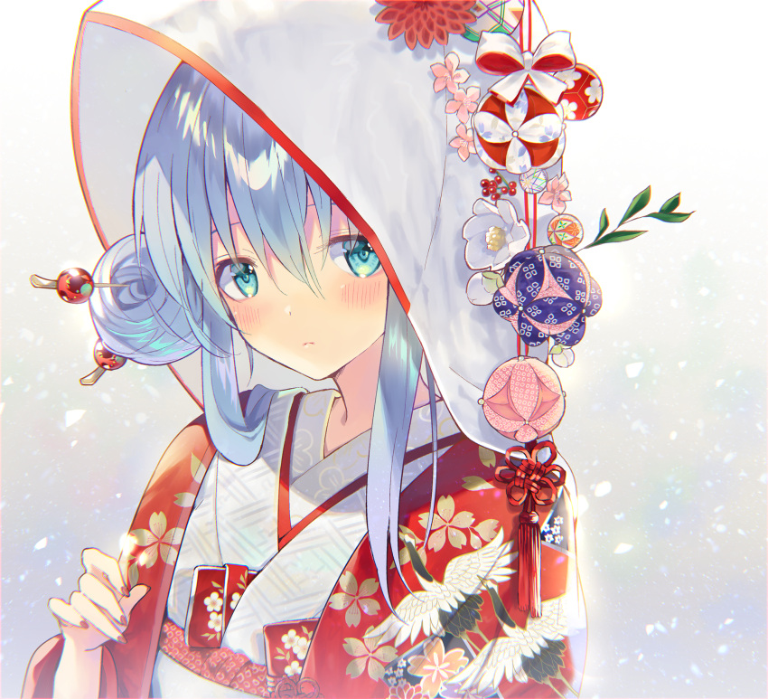 1girl animal_print aqua_eyes bangs bird_print blue_hair blush bow commentary_request floral_print flower flower_knot hair_between_eyes hair_ornament hair_stick hand_up highres hood hood_up japanese_clothes kimono leaf looking_at_viewer nail_polish original petals pink_flower red_kimono red_nails rugo side_bun sidelocks solo tassel upper_body white_flower