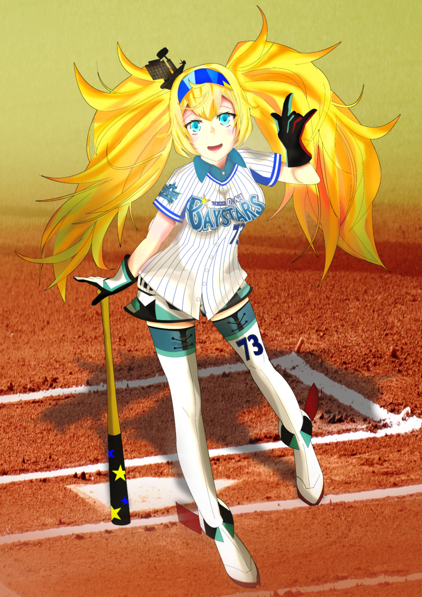 1girl alternate_costume baseball baseball_bat baseball_jersey baseball_stadium blonde_hair blue_eyes blue_shirt boots breasts collared_shirt gambier_bay_(kantai_collection) ganbaruzoi gloves hair_between_eyes hairband highres kantai_collection large_breasts multicolored multicolored_clothes multicolored_gloves rx178x0 shirt shorts solo thigh-highs thigh_boots twintails white_legwear yokohama_dena_baystars