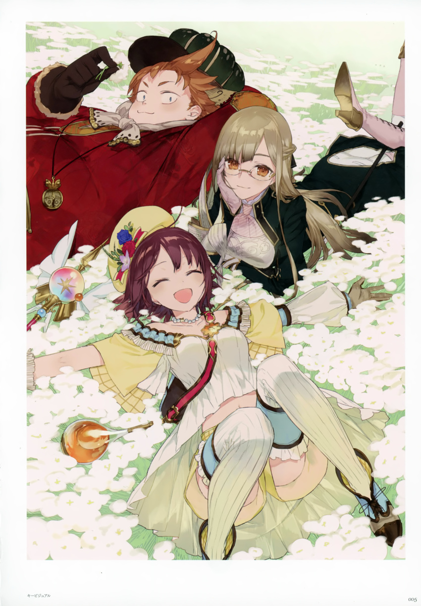 1boy 2girls absurdres atelier_(series) atelier_sophie bare_shoulders blonde_hair blush breasts brown_eyes brown_hair fat flower glasses gloves hair_ornament half_updo hat highres huge_filesize jewelry long_hair looking_at_viewer medium_breasts monika_ellmenreich multiple_girls necklace noco_(adamas) official_art open_mouth oskar_behlmer scan scarf short_hair skirt smile sophie_neuenmuller very_long_hair