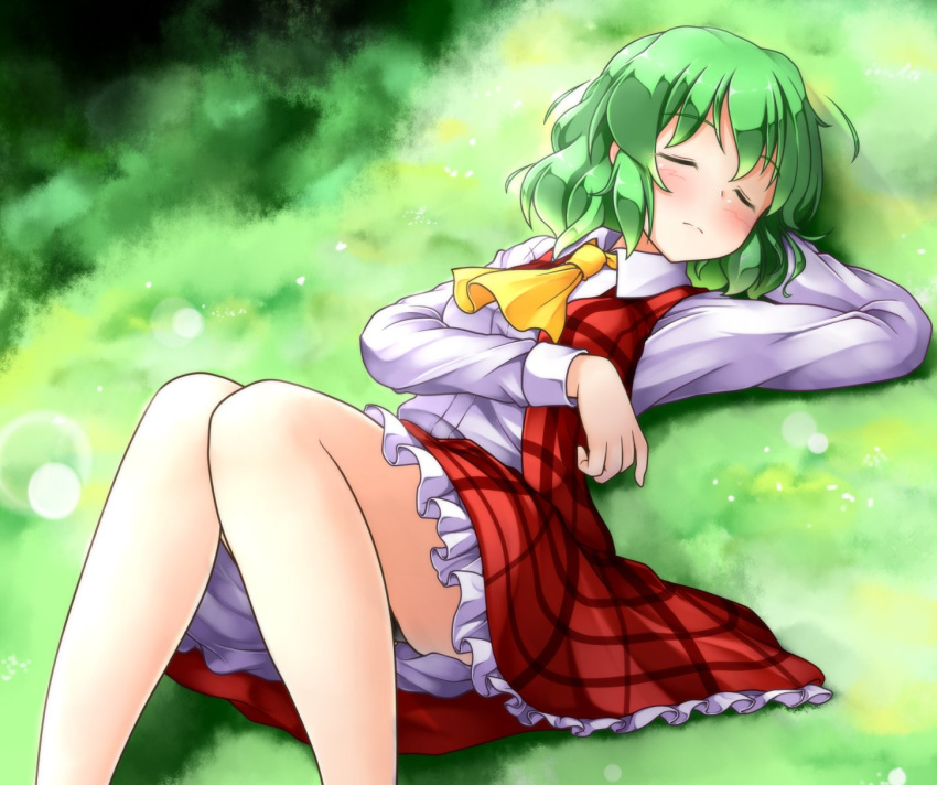 1girl aka_tawashi arm_up ascot black_panties blush breasts closed_eyes commentary_request eyebrows_visible_through_hair from_above grass green_hair hair_between_eyes highres kazami_yuuka knees_up light_particles long_sleeves lying medium_breasts on_back outdoors panties pantyshot pantyshot_(lying) petticoat plaid plaid_skirt plaid_vest red_skirt red_vest shadow shirt short_hair skirt sleeping solo touhou underwear vest white_shirt wing_collar yellow_neckwear