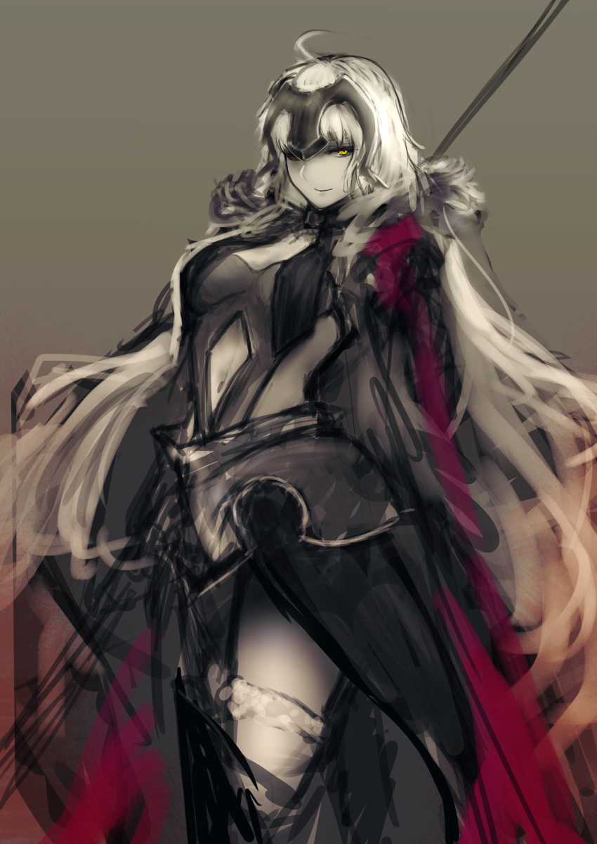 1girl absurdres ahoge armor armored_dress black_dress breasts cape chains cleavage commentary dress eyebrows_visible_through_hair fate/grand_order fate_(series) faulds flag fur_trim gauntlets headpiece highres holding holding_flag hometa jeanne_d'arc_(alter)_(fate) jeanne_d'arc_(fate)_(all) large_breasts navel navel_cutout silver_hair sketch smile smirk thighs yellow_eyes