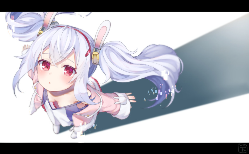 1girl :o animal_ears azur_lane bangs blush breasts camisole commentary_request downblouse eyebrows_visible_through_hair fingernails from_above fur-trimmed_jacket fur_trim hair_between_eyes hair_ornament hairband jacket koko_ne_(user_fpm6842) laffey_(azur_lane) letterboxed long_sleeves looking_at_viewer looking_up off_shoulder open_clothes open_jacket parted_lips pink_jacket pleated_skirt rabbit_ears red_eyes red_hairband red_skirt shoes silver_hair skirt sleeves_past_wrists small_breasts solo standing twintails white_camisole white_footwear wide_sleeves