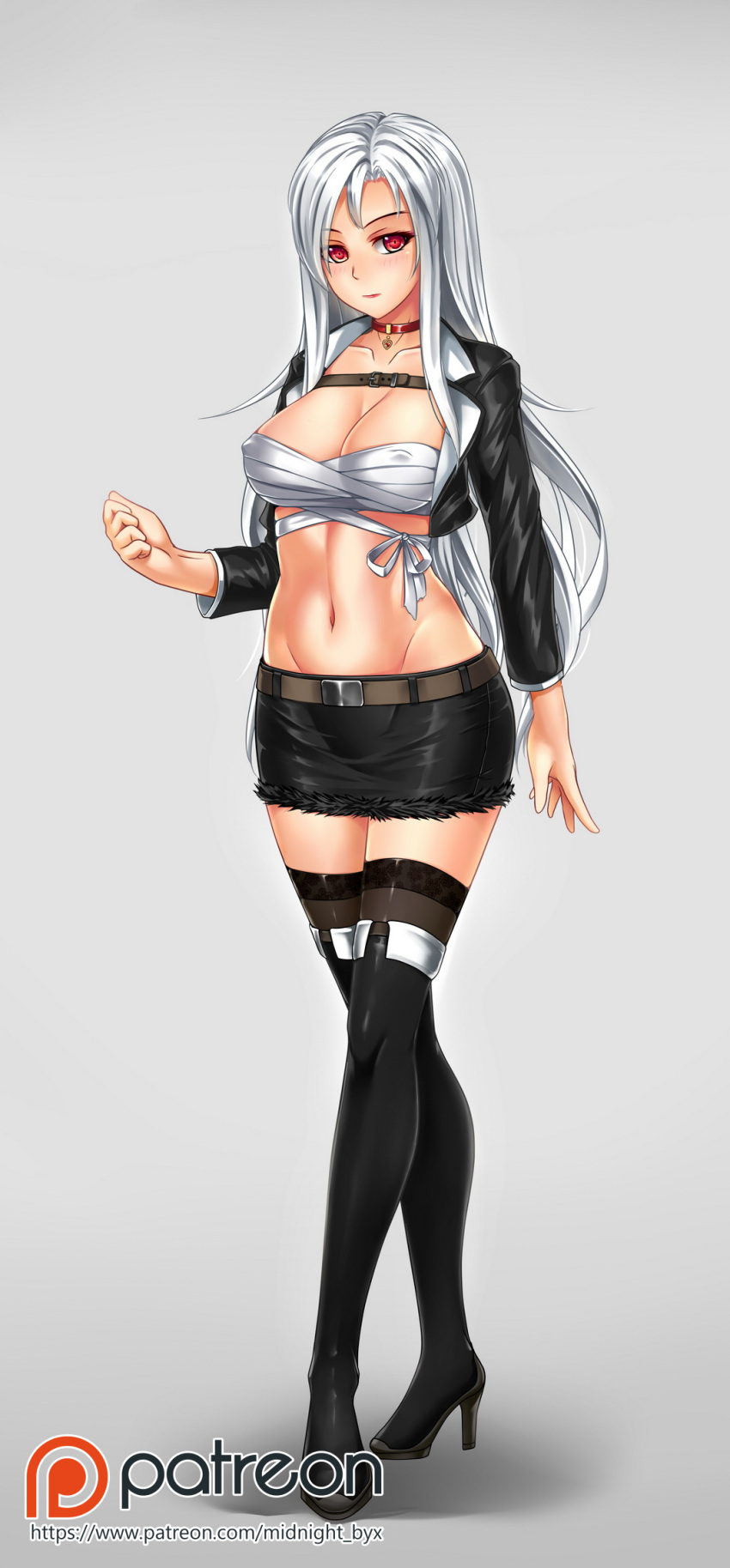 1girl belt black_legwear boots breasts choker cleavage closed_mouth collarbone cropped_jacket grey_background high_heel_boots high_heels highres jacket large_breasts long_hair looking_at_viewer midnight_(banyex) midriff miniskirt navel open_clothes open_jacket original patreon_logo patreon_username red_eyes sarashi skirt solo standing thigh-highs thigh_boots thighhighs_under_boots watermark web_address white_hair