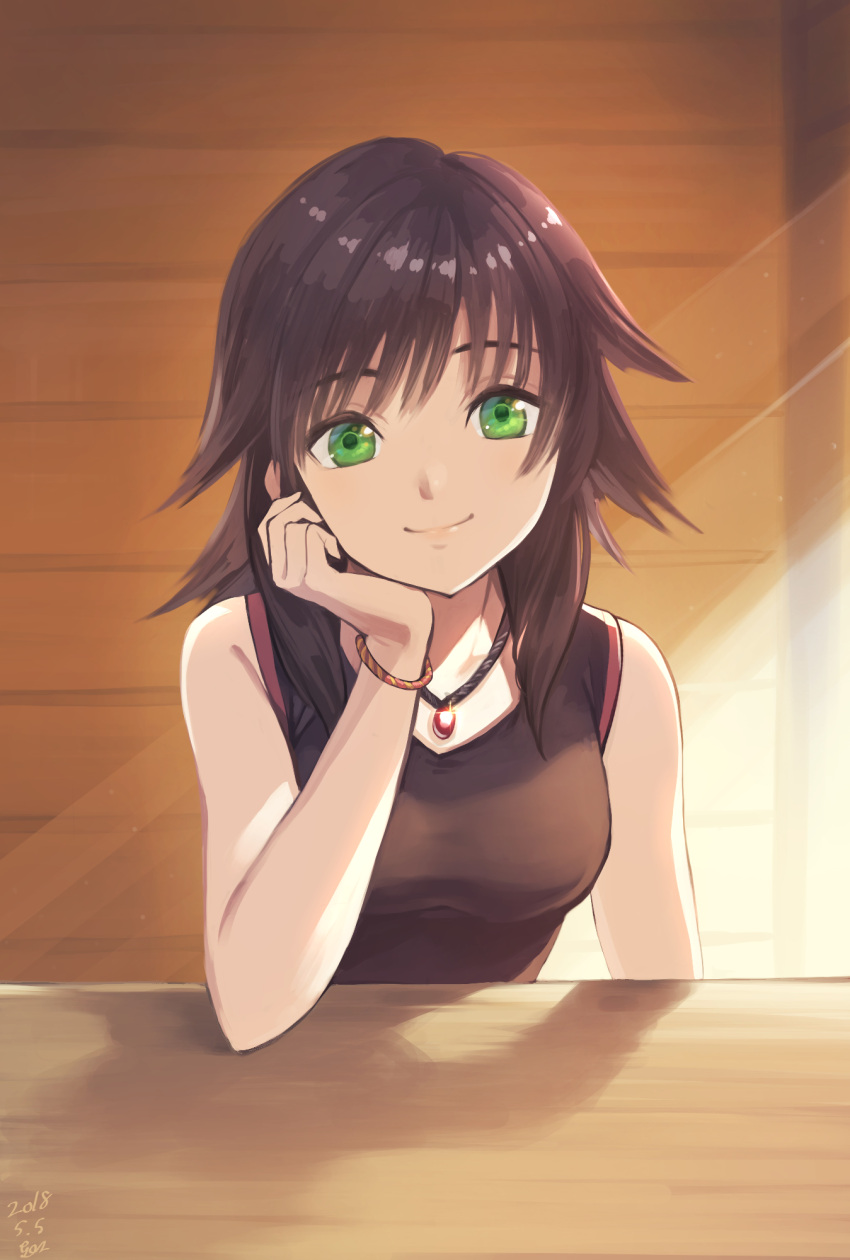 1girl 2018 bangs bare_shoulders black_hair black_shirt breasts closed_mouth dated glint gogo_(detteiu_de) green_eyes head_rest highres jewelry kingdom_hearts kingdom_hearts_iii light light_rays looking_at_viewer medium_breasts medium_hair necklace olette shadow shirt signature smile solo