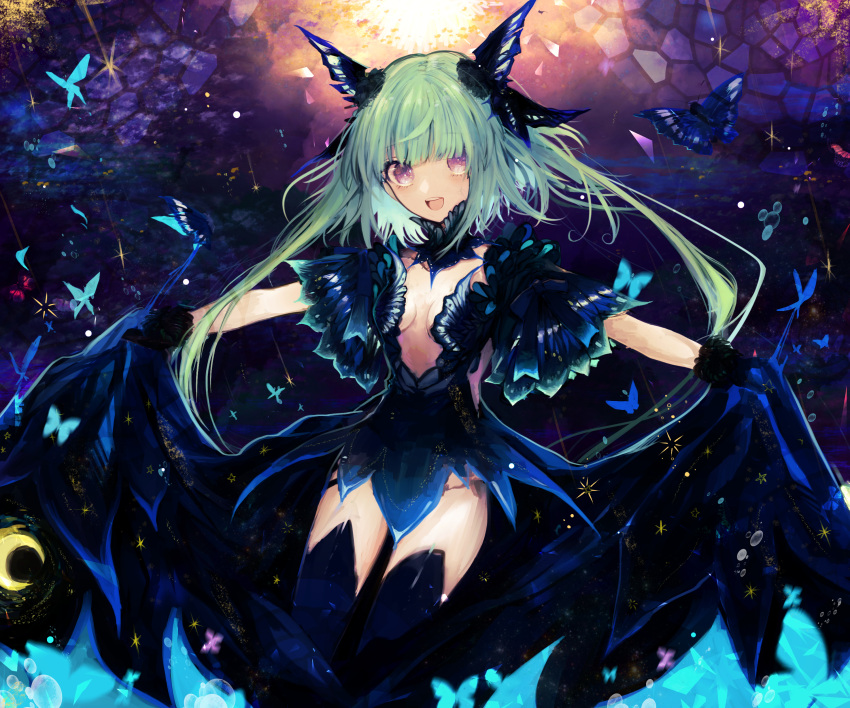 1girl :d absurdres bangs black_gloves breasts breasts_apart bug butterfly commentary_request crescent daimaou_ruaeru detached_collar dress german_commentary gloves green_hair head_wings highres insect long_hair looking_at_viewer medium_breasts no_bra open_mouth original outstretched_arms pink_eyes short_sleeves smile solo spread_arms standing teeth thigh-highs twintails