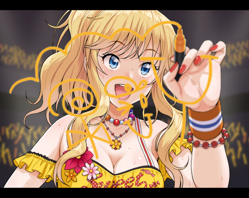 1girl :d blonde_hair blue_eyes bracelet breasts cleavage idolmaster idolmaster_cinderella_girls jewelry large_breasts letterboxed long_hair marker necklace nigou ootsuki_yui open_mouth smile solo writing