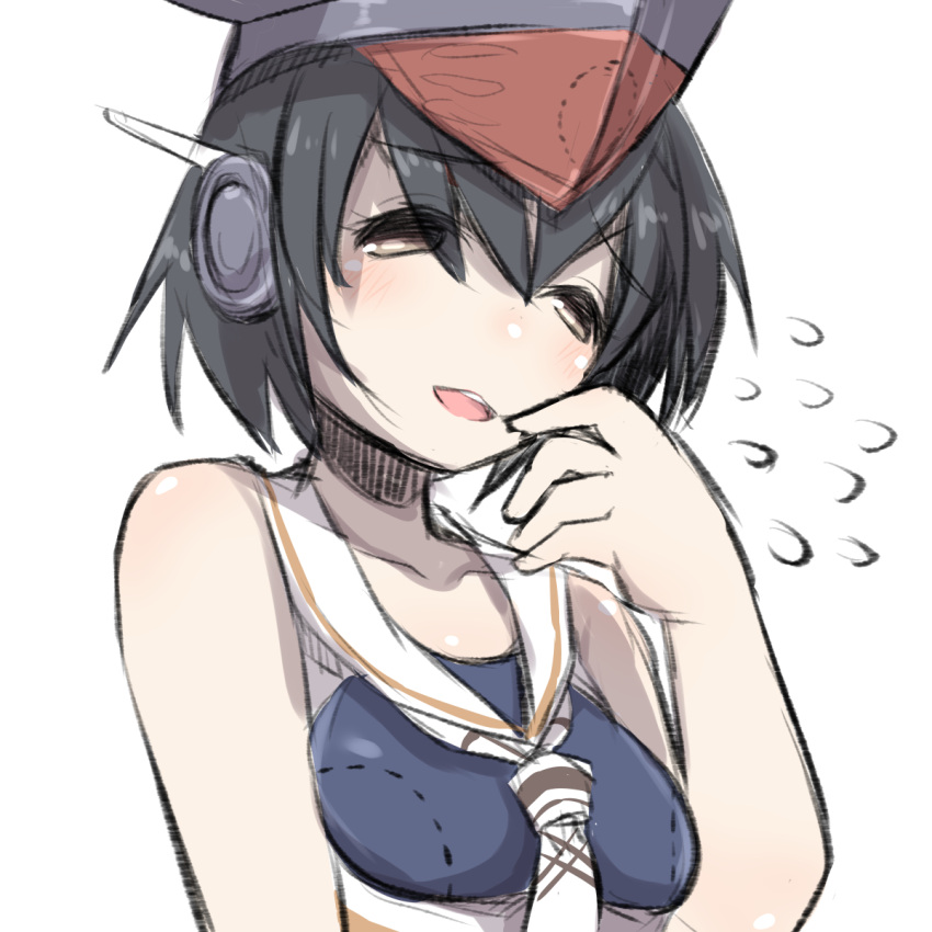 1girl bangs bare_arms bare_shoulders black_hair blue_swimsuit blush breasts brown_eyes collarbone eyebrows_visible_through_hair flying_sweatdrops framed_breasts grey_hat hair_between_eyes hand_to_own_mouth hand_up headphones highres i-14_(kantai_collection) kantai_collection medium_breasts parted_lips sailor_collar simple_background smile solo swimsuit u-non_(annon'an) white_background white_neckwear white_sailor_collar