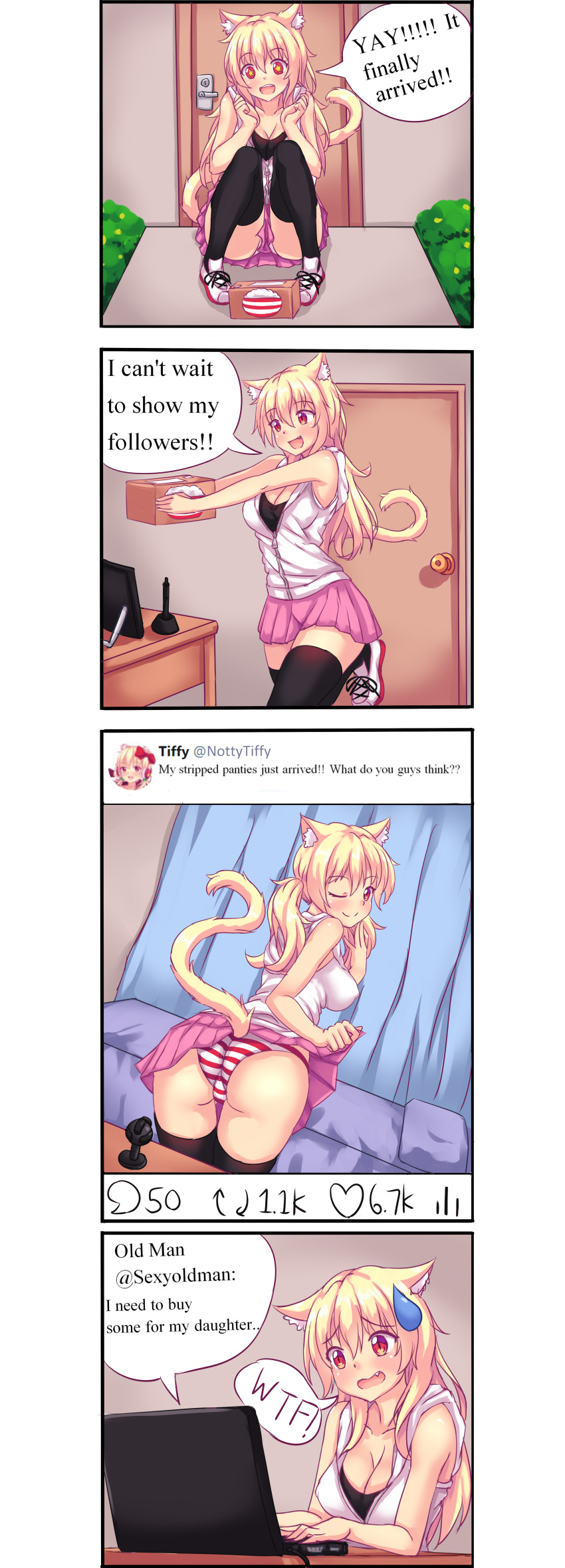 +_+ 1girl 4koma ;d absurdres animal_ears ass bed bedroom blonde_hair blush box breasts cat_ears cat_tail cleavage comic computer door english fang fast-runner-2024 followers heart highres huge_filesize incredibly_absurdres laptop large_breasts looking_at_viewer looking_back nervous_smile one_eye_closed open_mouth original package panties pillow pleated_skirt red_eyes rice_bowl self_shot skirt skirt_lift smile solo_focus striped striped_panties sweatdrop tail taking_picture text_focus thigh-highs tiffy typo underwear webcam