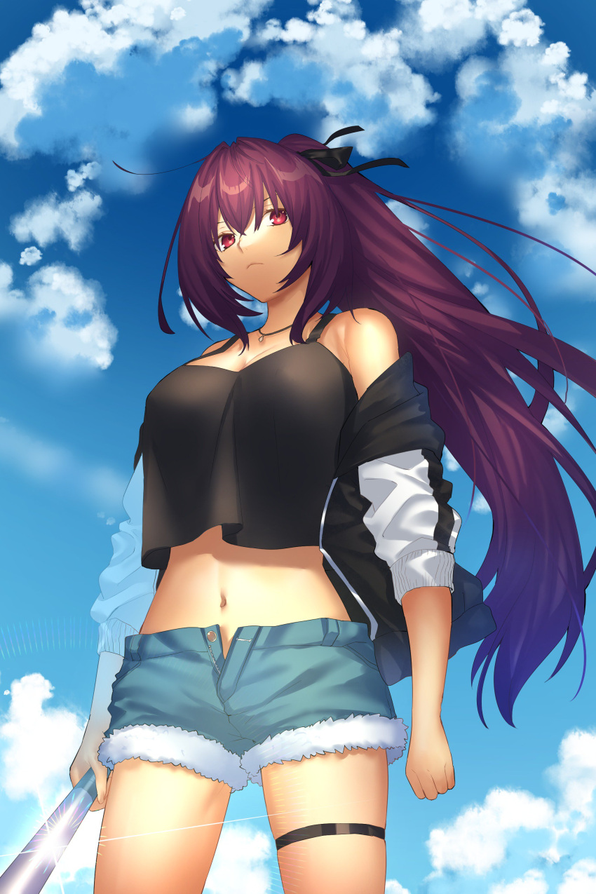 1girl absurdres alternate_costume alternate_hairstyle baseball_bat blue_sky breasts cleavage clouds cloudy_sky collarbone expressionless fate/grand_order fate_(series) highres jacket jewelry lens_flare looking_at_viewer navel necklace ponytail scathach_(fate/grand_order) seseragi_azuma short_shorts shorts sky solo tank_top thigh_strap unbuttoned