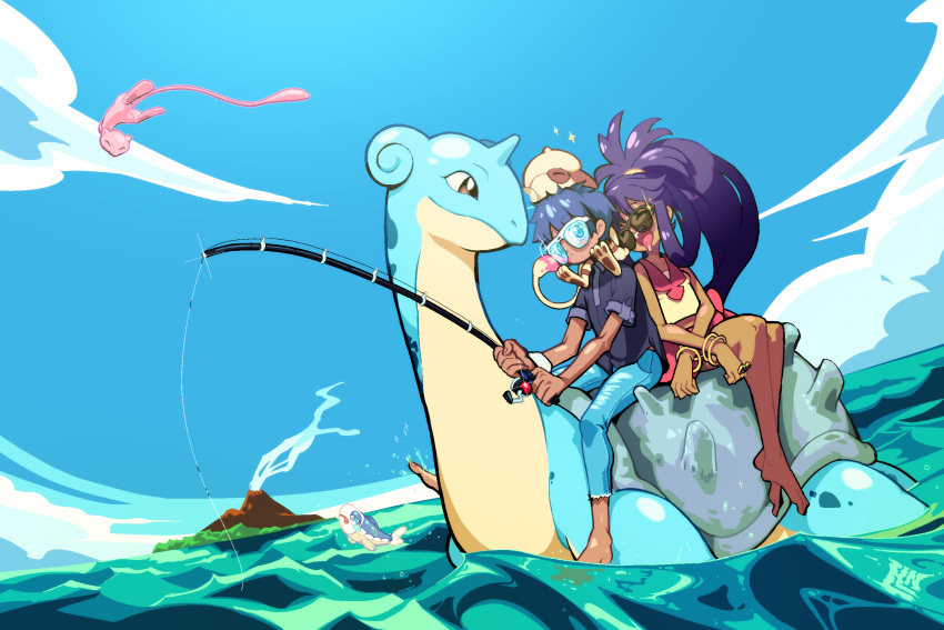 1boy 1girl aipom bare_arms bare_legs bare_shoulders barefoot blue_hair blue_sky brown_eyes closed_mouth dark_skin day denim drooling fisheye fishing fishing_line fishing_rod floating full_body gen_1_pokemon gen_2_pokemon gen_7_pokemon gym_leader highres holding holding_fishing_rod iris_(pokemon) jeans lapras leaning_on_person liline_(liline_01) long_hair looking_at_another mew nose_bubble ocean open_mouth outdoors pants pokemon pokemon_(creature) ponytail purple_hair riding shirt short_hair short_sleeves skirt sky sleeping sleeveless sleeveless_shirt smoke sunglasses swimming tearing_up tongue tongue_out volcano water wide_ponytail wishiwashi
