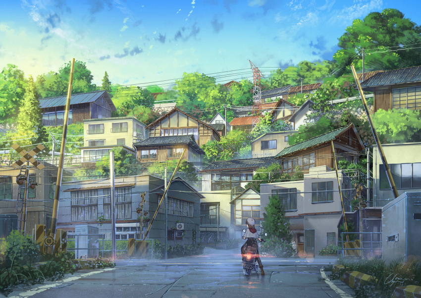 1girl background brown_hair day highres house looking_away moped niko_p original outdoors power_lines railroad_crossing railroad_signal railroad_tracks scenery short_hair sky solo tree window