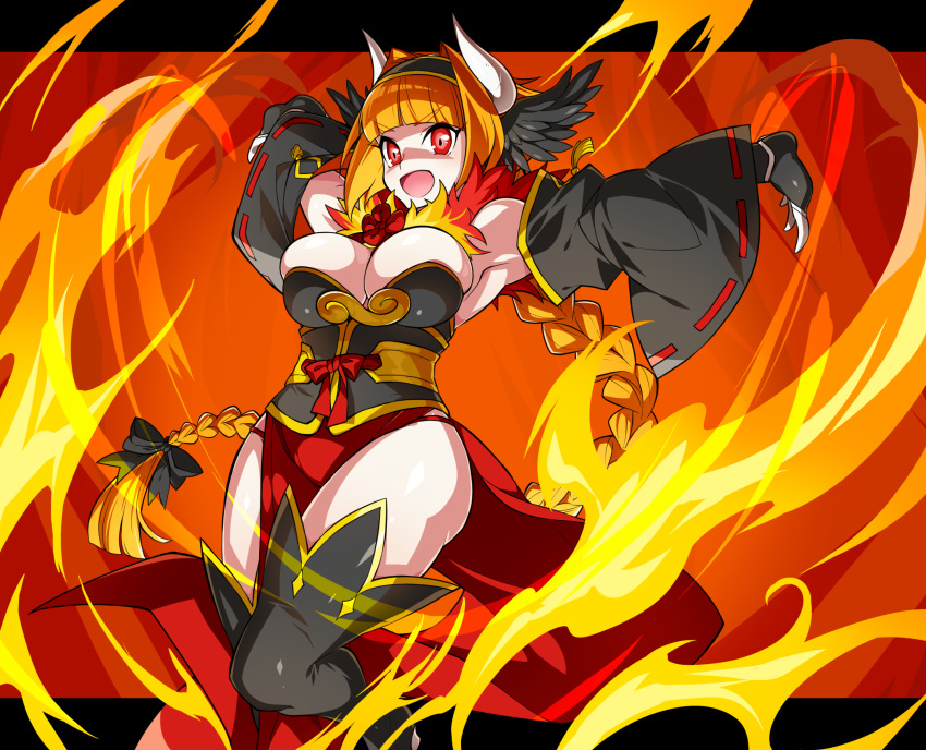 1girl :d black_gloves black_legwear black_wings braid breasts curvy detached_sleeves emboar eyebrows_visible_through_hair feathered_wings fingerless_gloves fire gen_5_pokemon gloves hair_intakes head_wings highres horns large_breasts letterboxed long_hair long_skirt long_sleeves momoshiro open_mouth orange_hair pelvic_curtain personification pokemon red_eyes red_skirt ribbon-trimmed_sleeves ribbon_trim skirt smile solo thigh-highs twin_braids v-shaped_eyebrows wide_sleeves wings