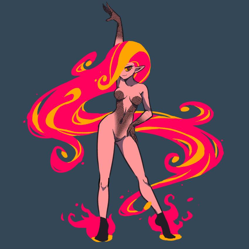 1girl akairiot arm_up breasts brenna_(akairiot) contrapposto fiery_hair fire full_body grey_background hair_over_one_eye hand_on_hip looking_at_viewer medium_breasts navel original pointy_ears red_eyes simple_background smile solo standing yellow_sclera