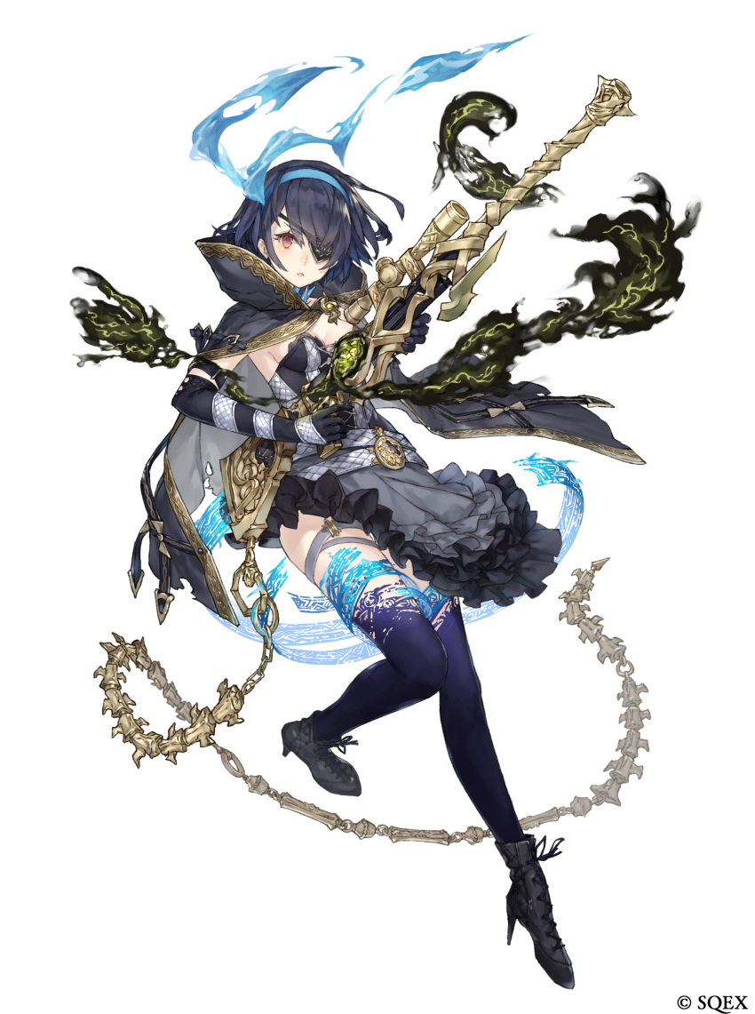 1girl absurdres alice_(sinoalice) blue_hair bustier chains cloak elbow_gloves eyebrows_visible_through_hair eyepatch frilled_skirt frills full_body gloves gun heart heart-shaped_eyewear high_collar high_heels highres ji_no looking_at_viewer official_art red_eyes rifle sinoalice skirt solo tattoo weapon white_background