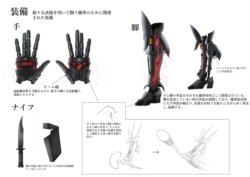 armored_boots ball black_footwear boots denpa_(denpae29) directional_arrow gauntlets glowing kicking knife motion_lines no_humans original simple_background translation_request white_background