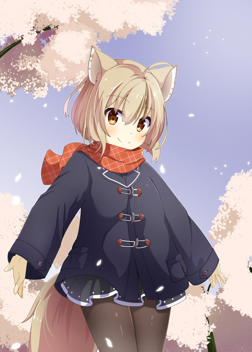 1girl animal_ears black_coat black_legwear chaakusu cherry_blossoms coat commentary_request ear_piercing fennery_(show_by_rock!!) fox_ears fox_tail highres light_brown_hair long_sleeves miniskirt outstretched_arms pantyhose petals piercing scarf short_hair show_by_rock!! skirt smile spread_arms tail tree unmoving_pattern