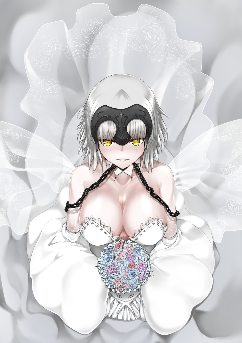 1girl absurdres alternate_hairstyle bouquet breasts bride chains dress fate/grand_order fate_(series) flower from_above gauntlets headpiece highres holding holding_bouquet jeanne_d'arc_(alter)_(fate) jeanne_d'arc_(fate)_(all) kagura_ren large_breasts parted_lips short_hair silver_hair smile solo strapless strapless_dress wedding_dress white_dress yellow_eyes