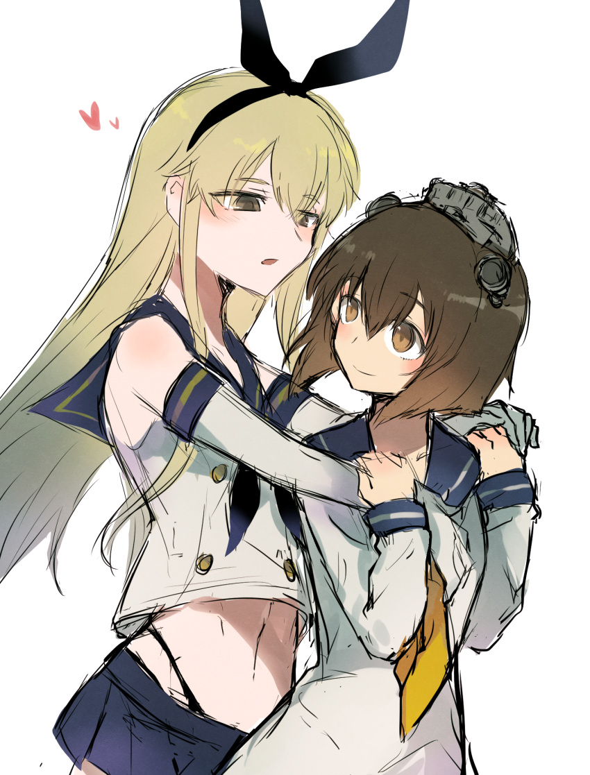 2girls agtt25333 bangs black_panties blonde_hair blush brown_eyes brown_hair closed_mouth collarbone crop_top dress elbow_gloves eyebrows_visible_through_hair gloves grey_eyes hair_between_eyes hairband hand_holding headgear headset heart highleg highleg_panties highres hug kantai_collection long_hair long_sleeves looking_at_another microskirt multiple_girls neckerchief panties sailor_collar sailor_dress school_uniform serafuku shimakaze_(kantai_collection) short_hair simple_background skirt sleeveless smile speaking_tube_headset thong underwear upper_body white_background white_gloves yellow_eyes yellow_neckwear yukikaze_(kantai_collection)