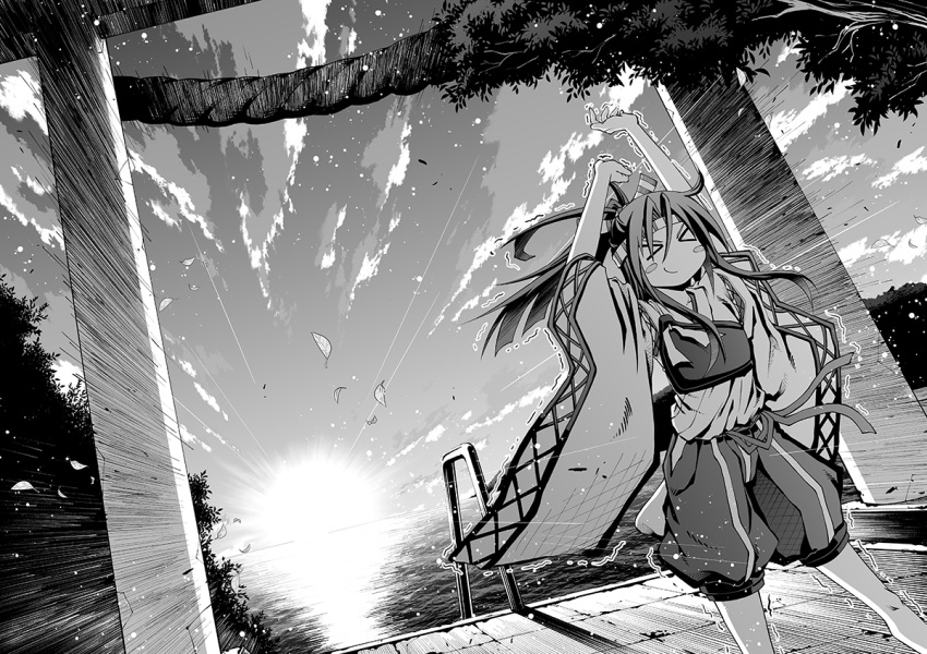 1girl akaneharu_ohkami arms_up blush_stickers closed_eyes clouds commentary_request emphasis_lines greyscale hachimaki hair_between_eyes headband high_ponytail hip_vent japanese_clothes kantai_collection kimono leaf long_hair long_sleeves monochrome muneate ocean outdoors pavement railing rope shimenawa shorts sky smile solo stretch sun torii tree trembling water wide_sleeves zuihou_(kantai_collection)