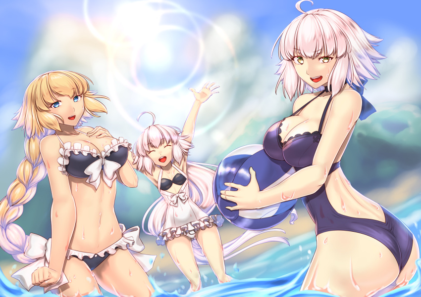 3girls ahoge bikini black_bikini_top blonde_hair blue_eyes braid breasts cleavage eyebrows_visible_through_hair fate/apocrypha fate/grand_order fate_(series) jeanne_d'arc_(alter)_(fate) jeanne_d'arc_(fate) jeanne_d'arc_(fate)_(all) jeanne_d'arc_alter_santa_lily large_breasts long_hair looking_at_viewer multiple_girls one-piece_swimsuit open_mouth pixiv_fate/grand_order_contest_2 silver_hair single_braid smile swimsuit very_long_hair yellow_eyes younger yui_sora