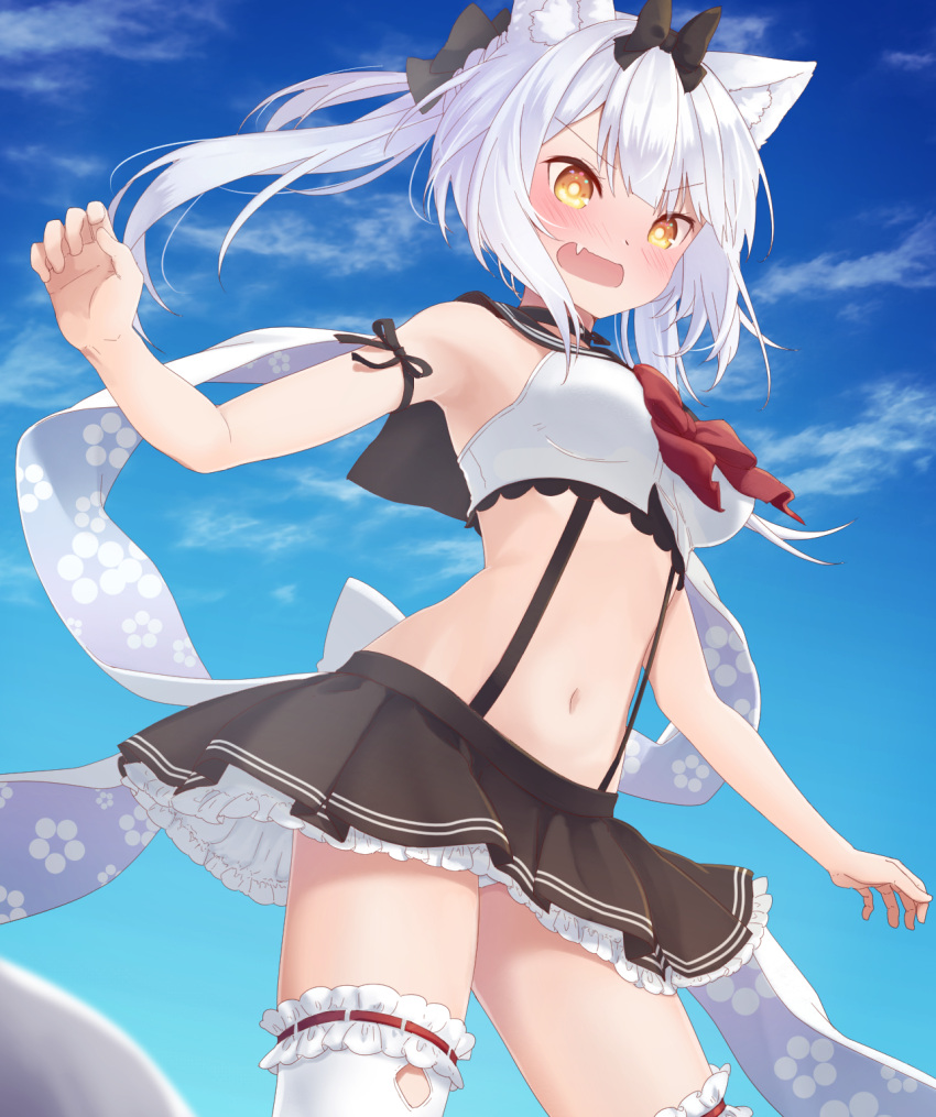 1girl animal_ears armband azur_lane bare_shoulders black_bow black_ribbon black_sailor_collar black_skirt blue_sky blush bow bowtie breasts cat_ears clouds cowboy_shot crop_top fang frilled_skirt frills hair_bow highres medium_breasts miniskirt navel open_mouth outdoors panties pantyshot pantyshot_(standing) pleated_skirt red_neckwear ribbon ribbon-trimmed_legwear ribbon_trim sailor_collar school_uniform serafuku shirt skirt sky solo standing sumi_(kjtd2458) suspender_skirt suspenders thigh-highs twintails underwear white_hair white_legwear white_panties white_shirt yellow_eyes yukikaze_(azur_lane)