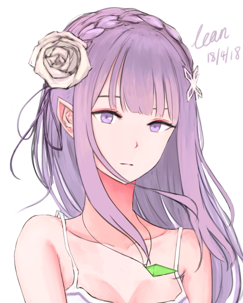 1girl absurdres bangs bare_shoulders braid dated elf emilia_(re:zero) flower hair_flower hair_ornament hair_ribbon highres jewelry jijinjiji long_hair looking_at_viewer necklace pointy_ears portrait purple_hair purple_ribbon re:zero_kara_hajimeru_isekai_seikatsu ribbon solo violet_eyes