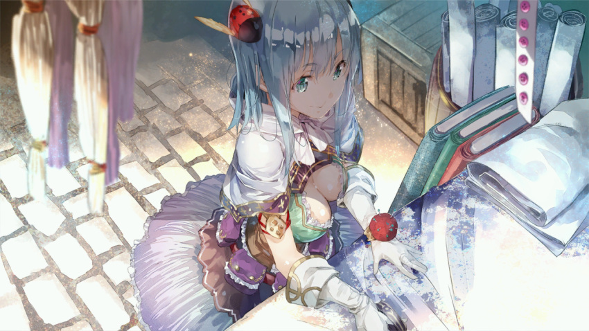 1girl atelier_(series) atelier_sophie blue_eyes blue_hair breasts capelet cleavage cleavage_cutout corset elbow_gloves game_cg gloves hair_ornament large_breasts leon_(atelier) long_hair noco_(adamas) official_art skirt smile solo white_gloves