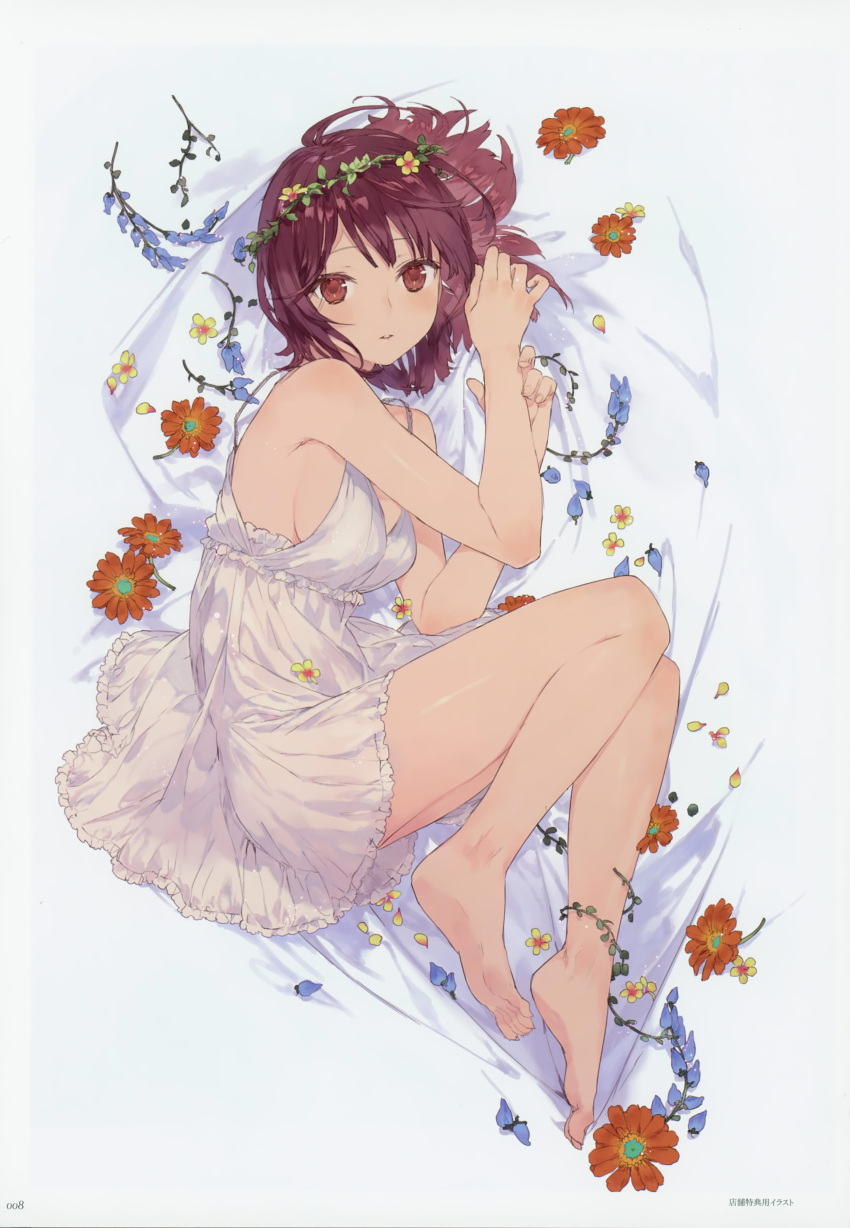 1girl absurdres atelier_(series) atelier_sophie barefoot bed_sheet blush breasts brown_eyes brown_hair circlet feet flower full_body head_wreath highres lingerie looking_at_viewer lying medium_breasts negligee noco_(adamas) official_art on_side redhead scan short_hair sideboob solo sophie_neuenmuller underwear