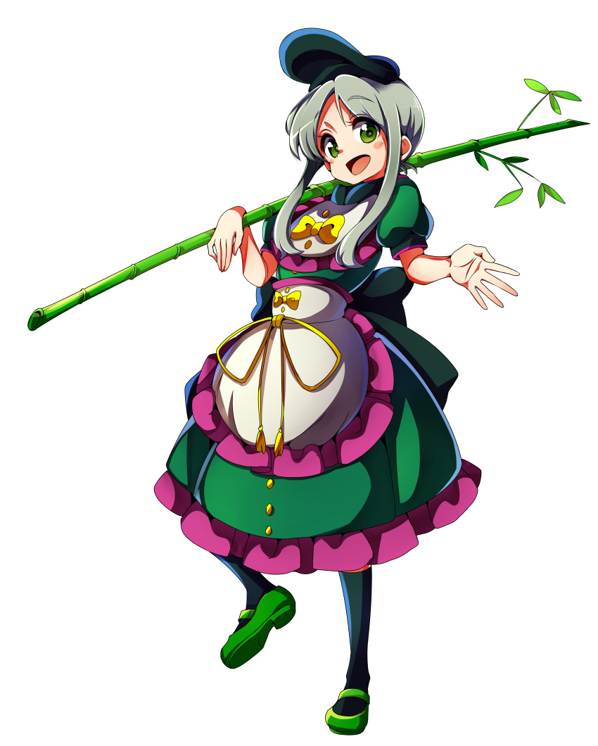 1girl absurdres baba_(baba_seimaijo) bamboo bow dress full_body green_dress green_eyes green_hair hat highres mary_janes open_mouth ribbon shoes short_hair short_hair_with_long_locks solo teireida_mai touhou transparent_background