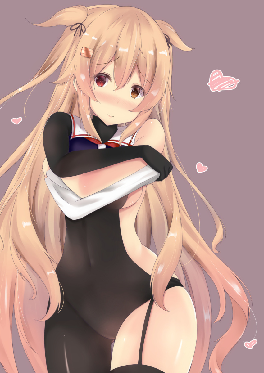 1girl black_blouse black_legwear blouse bodystocking bodysuit breasts brown_eyes gradient gradient_background gradient_hair hair_ornament hairclip heart heterochromia highres kantai_collection light_brown_hair long_hair looking_at_viewer medium_breasts multicolored_hair murasame_(kantai_collection) neckerchief purunyara red_eyes remodel_(kantai_collection) sailor_collar school_uniform serafuku simple_background single_thighhigh smile solo thigh-highs thighs two_side_up undressing very_long_hair