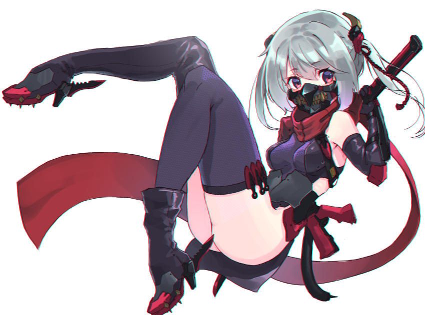 1girl ass asymmetrical_legwear bangs bare_shoulders black_footwear boots breasts chromatic_aberration elbow_gloves eyebrows_visible_through_hair eyelashes face_mask full_body gloves hair_between_eyes hair_ornament hair_ribbon high_heel_boots high_heels highres kunai long_hair looking_at_viewer mask ninja no_panties oota_youjo original purple_legwear red_ribbon red_scarf ribbon scarf sheath sheathed shoe_blade side_slit silver_hair simple_background single_boot single_thighhigh skin_tight skindentation small_breasts solo tassel thigh-highs thigh_boots twintails vambraces weapon weapon_on_back white_background