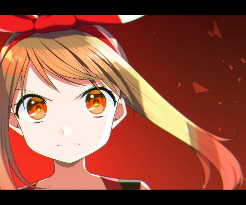 1girl closed_mouth eyelashes face hair_ribbon haruka_(pokemon) highres letterboxed orange_eyes pokemon pokemon_(game) pokemon_oras red_ribbon ribbon serious solo yuihiko