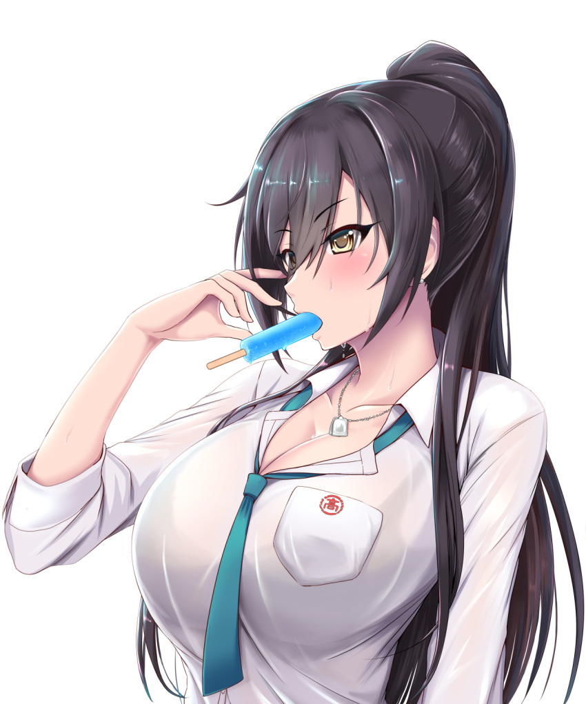 1girl bangs black_hair blush bralines breasts cleavage collarbone dog_tags dress_shirt dripping food green_neckwear hair_between_eyes high_ponytail highres idolmaster idolmaster_shiny_colors large_breasts long_hair loose_necktie moo_yoshio mouth_hold necktie ponytail popsicle school_uniform see-through shirase_sakuya shirt simple_background solo sweat wet wet_clothes wet_shirt white_background white_shirt yellow_eyes