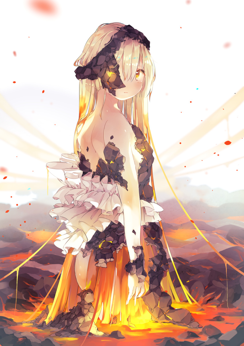 1girl absurdly_long_hair absurdres arms_at_sides ass bangs bare_shoulders blonde_hair blush breasts closed_mouth commentary_request cowboy_shot dress eyelashes fire frills gradient gradient_hair hair_between_eyes highres long_hair looking_at_viewer molten_rock monster_girl multicolored_hair one_eye_covered orange_hair original rock shoulder_blades small_breasts solo soranagi_yuki standing strapless strapless_dress twisted_neck very_long_hair volcano yellow_eyes