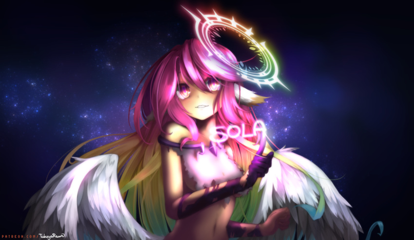 1girl angel_wings breasts commentary feathered_wings gloves gradient_hair grin hair_between_eyes halo jibril_(no_game_no_life) long_hair low_wings magic_circle medium_breasts midriff multicolored multicolored_eyes multicolored_hair navel no_game_no_life pink_eyes pink_hair smile solo stomach takuyarawr teeth torn_clothes very_long_hair watermark web_address white_wings wing_ears wings yellow_eyes