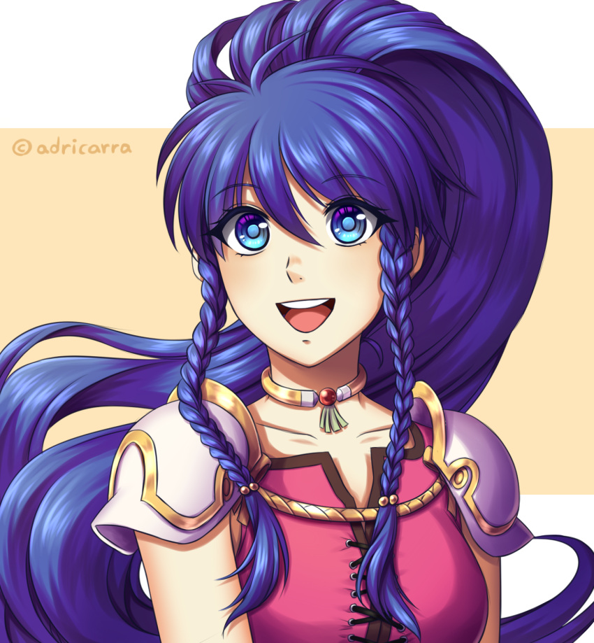1girl :d adricarra blue_eyes blue_hair braid collarbone eyebrows_visible_through_hair female fire_emblem fire_emblem:_seima_no_kouseki fire_emblem_heroes hair_between_eyes highres jewelry lace-up_top long_hair neck necklace nintendo open_mouth pauldrons ponytail round_teeth smile solo tan_background tana teeth twin_braids twitter_username two-tone_background upper_body white_background