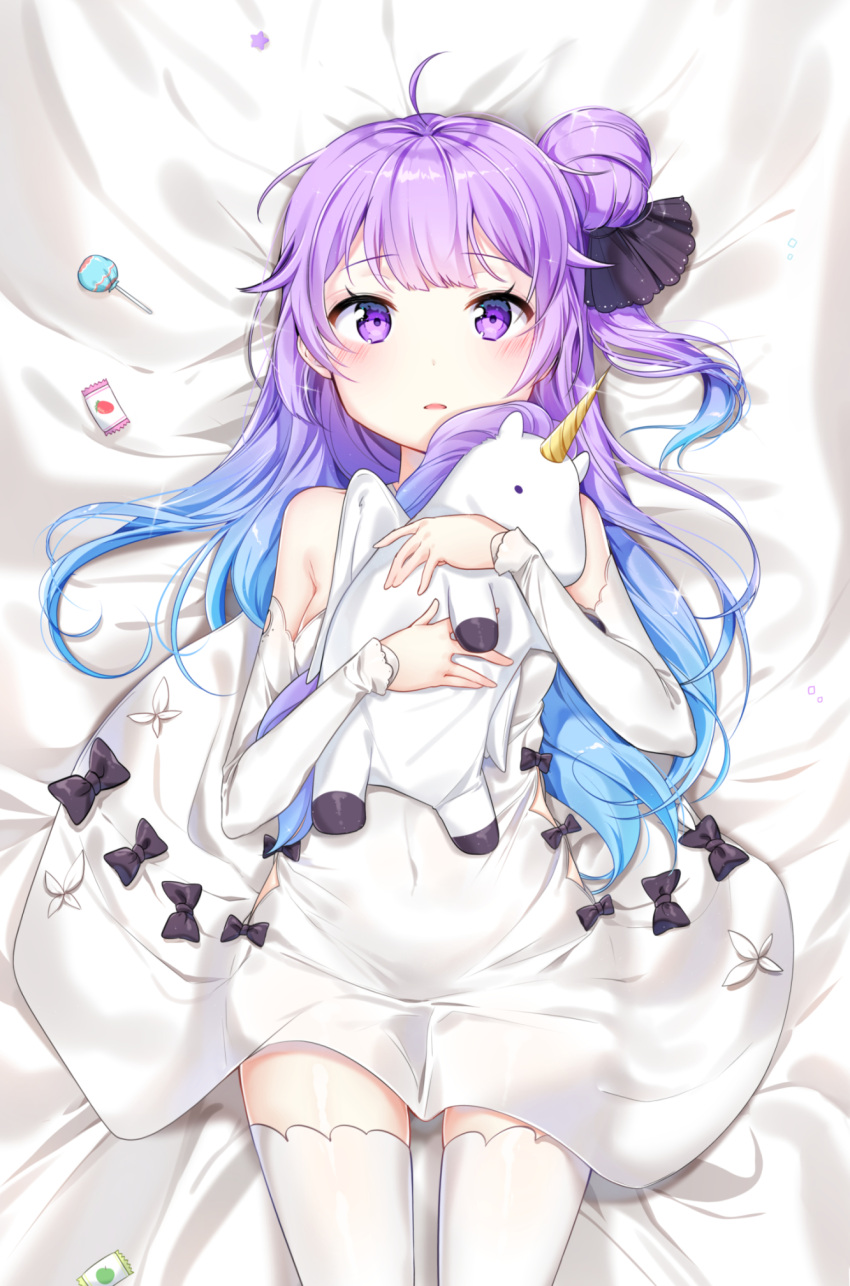 1girl ahoge azur_lane bangs black_bow black_ribbon blue_hair blush bow candy commentary_request detached_sleeves dress eyebrows_visible_through_hair food gradient_hair hair_bun hair_ribbon highres lollipop long_hair long_sleeves looking_at_viewer lying moong_gya multicolored_hair object_hug on_back one_side_up parted_lips purple_hair ribbon side_bun sleeveless sleeveless_dress solo star stuffed_animal stuffed_pegasus stuffed_toy stuffed_unicorn thigh-highs unicorn_(azur_lane) very_long_hair violet_eyes white_dress white_legwear