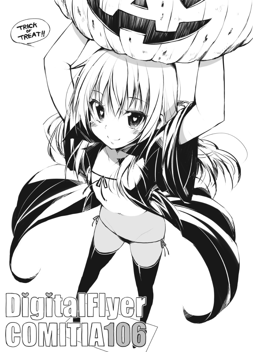 1girl bra coat english eyebrows_visible_through_hair flat_chest foreshortening greyscale hands_above_head hands_up heart heart-shaped_pupils highres holding jack-o'-lantern legs_apart long_hair looking_at_viewer monochrome on_head oota_yuuichi open_clothes open_coat panties side-tie_panties simple_background smile solo standing symbol-shaped_pupils thigh-highs trick_or_treat underwear white_background