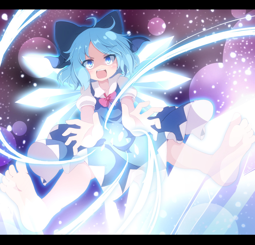 1girl :d ahoge barefoot blue_bow blue_dress blue_eyes blue_hair bow cirno commentary_request do_(4-rt) dress eyebrows_visible_through_hair fang feet hair_bow highres ice ice_wings lens_flare letterboxed magic open_mouth outstretched_arms partial_commentary puffy_short_sleeves puffy_sleeves shaded_face short_hair short_sleeves smile soles solo touhou v-shaped_eyebrows wings