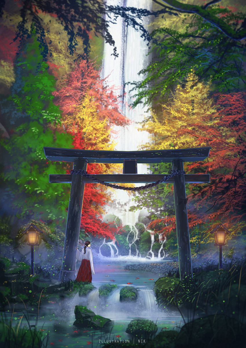 1girl artist_name braid brown_hair day hakama highres japanese_clothes long_hair looking_away miko niko_p original outdoors red_skirt river scenery skirt solo torii tree water waterfall