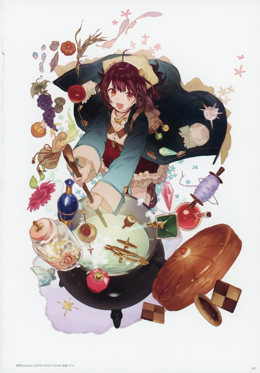 1girl absurdres atelier_(series) atelier_sophie blush breasts brown_eyes brown_hair cauldron full_body hat highres huge_filesize jewelry looking_at_viewer necklace noco_(adamas) official_art open_mouth scan short_hair smile solo sophie_neuenmuller staff