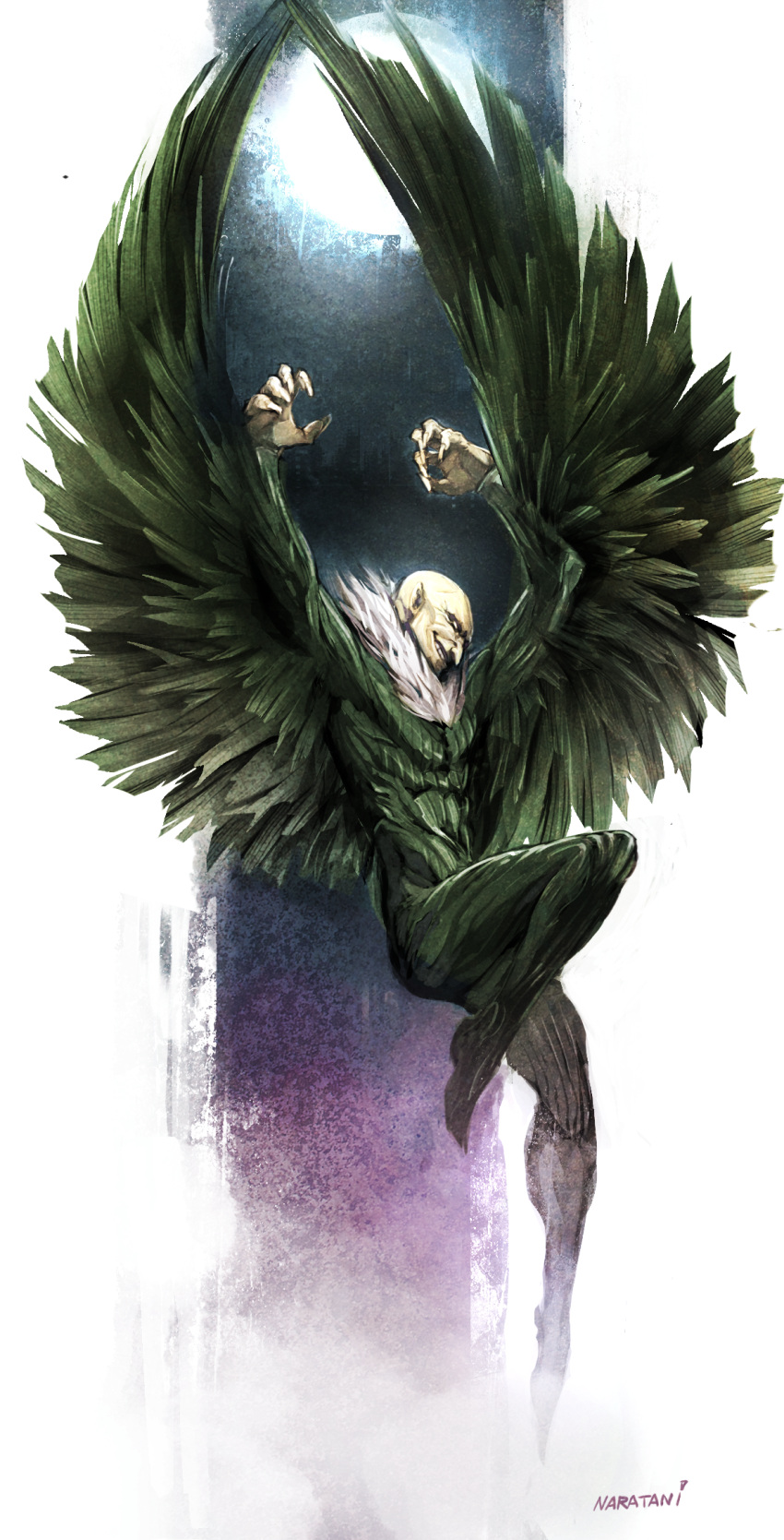 1boy abs artist_name bald bodysuit feathered_wings fur_trim highres male_focus marvel naratani solo teeth vulture_(marvel) white_background wings