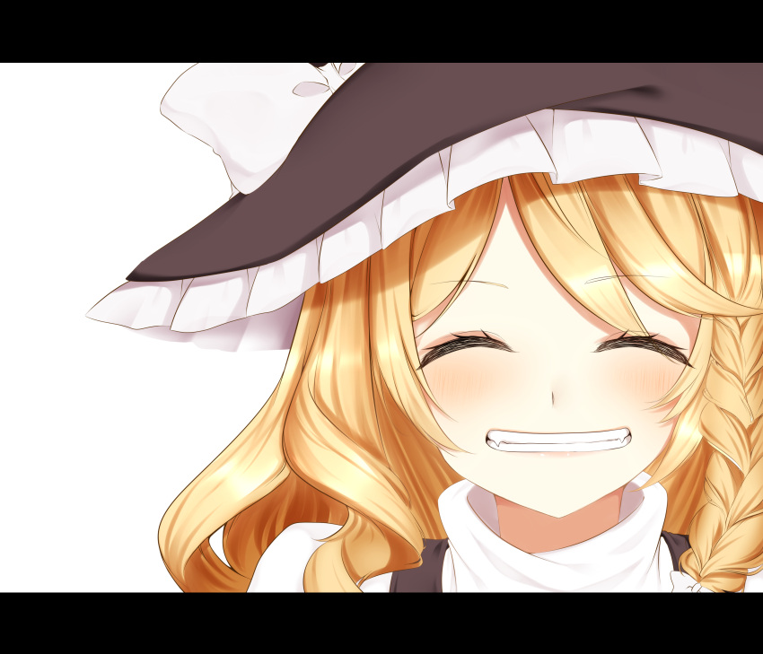 1girl ^_^ absurdres black_hat blonde_hair bow braid closed_eyes face grin hair_bow hat hat_bow highres kirisame_marisa letterboxed portrait shiki_(s1k1xxx) single_braid smile solo touhou white_background white_bow