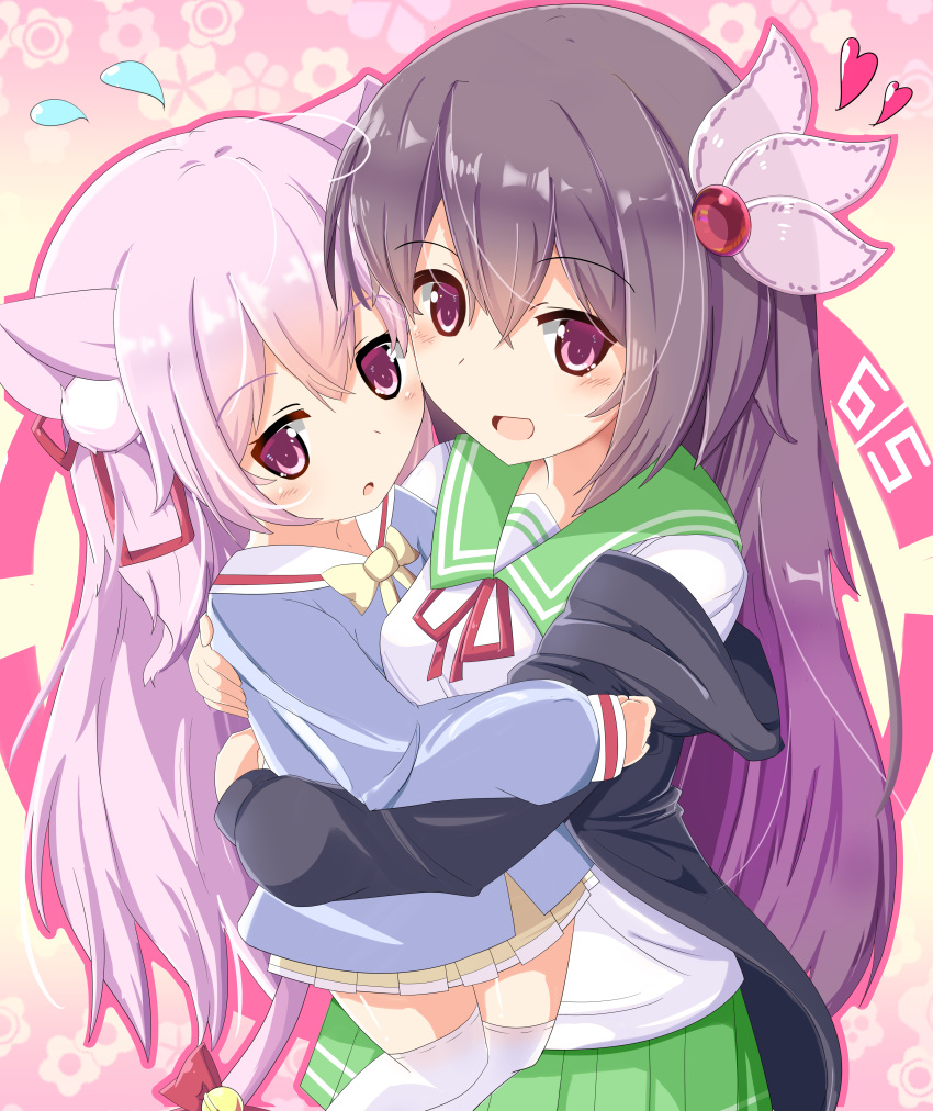 2girls absurdres animal_ears azur_lane bell black_jacket blue_shirt bow bowtie cat_ears cat_girl cat_tail commentary_request crossover fingernails flying_sweatdrops green_sailor_collar green_skirt hair_ribbon heart highres hood hood_down hooded_jacket hug jacket jingle_bell kantai_collection kindergarten_uniform kisaragi_(azur_lane) kisaragi_(kantai_collection) long_hair long_sleeves multiple_girls namesake neck_ribbon nekoyanagi_(azelsynn) off_shoulder open_clothes open_jacket pink_hair pleated_skirt purple_hair red_bow red_ribbon ribbon sailor_collar school_uniform serafuku shirt skirt sleeves_past_wrists tail tail_bell tail_bow thigh-highs very_long_hair violet_eyes white_legwear white_shirt yellow_neckwear yellow_skirt